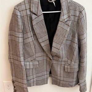Free People Classic Plaid Women's Blazer Jacket - Taupe/Blue, Size Large